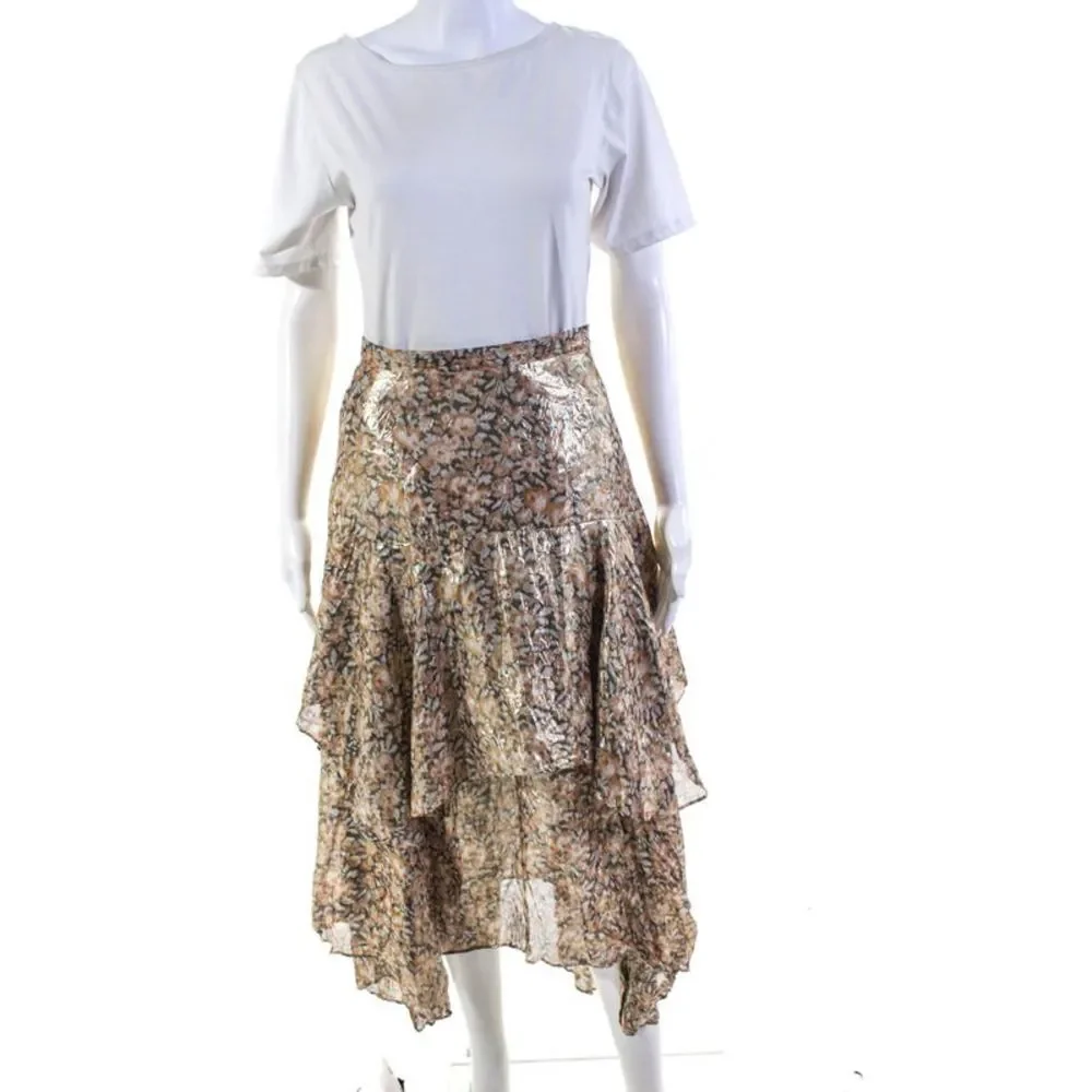 Love Shack Fancy Womens Silk Floral Print A Line Skirt Gold Metallic Size Small